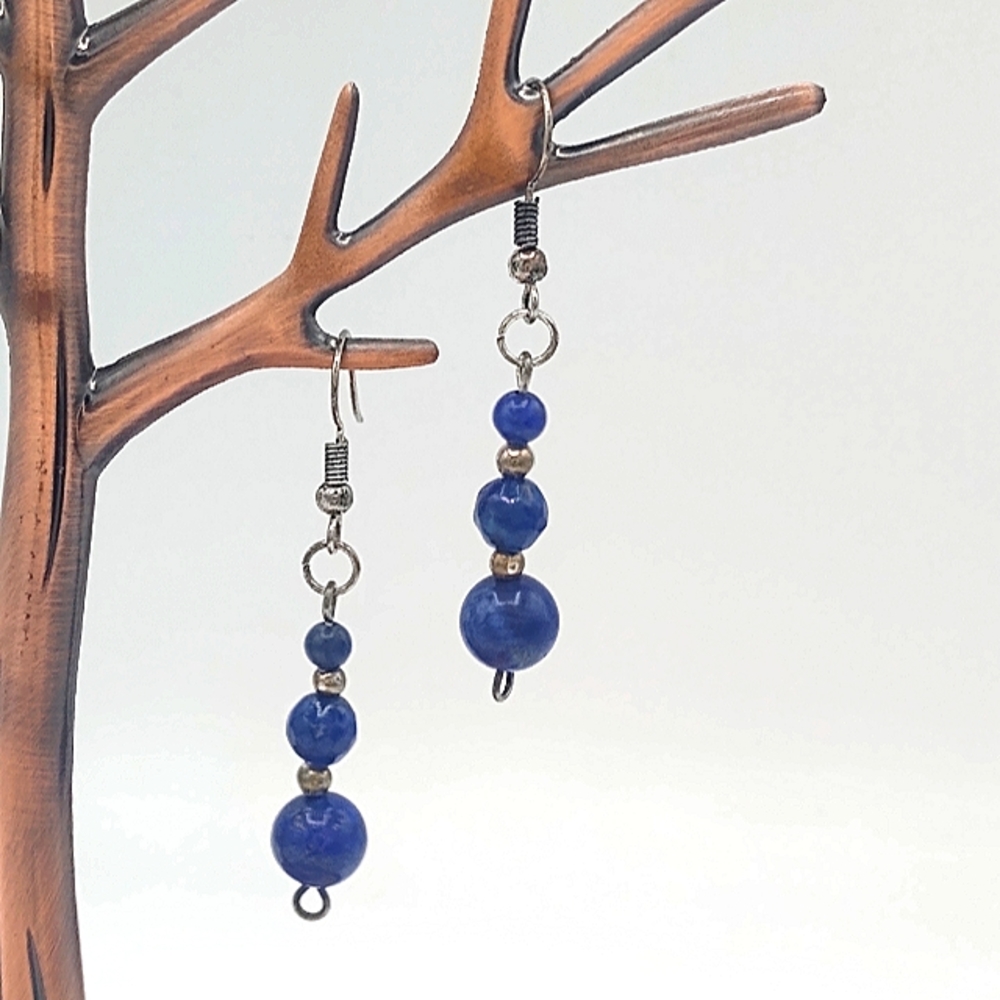 Sodalite Silver tone Dangle Drop Beaded French Hook Earrings Vintage - Picture 1 of 7